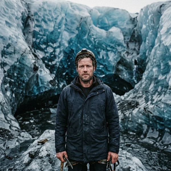 Þorri Gunnarsson, glacier guide, standing at the entrance of one of the Vatnajökull ice caves on Breiðamerkurjökull