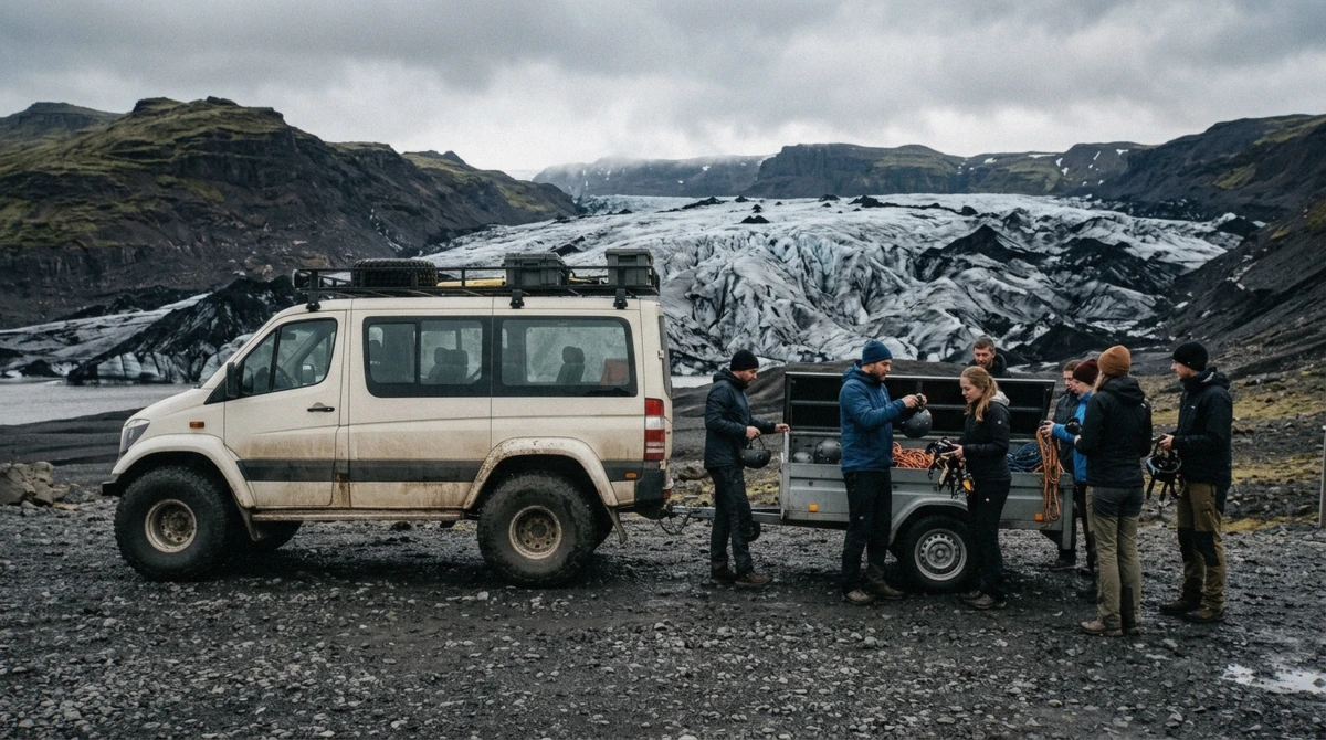 A 4x4 bus and glacier gear at the base camp below Falljökull, the departure point for the Blue Ice Maze crevasse tour on Vatnajökull