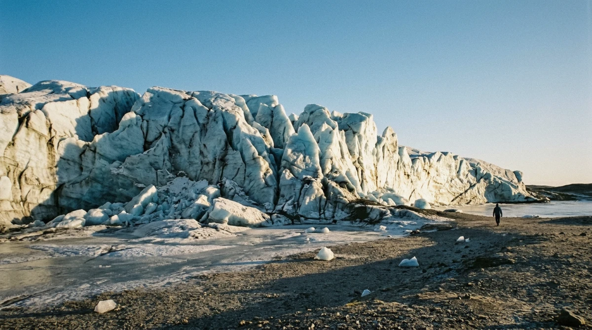 Low February sun across the blue ice front of Breiðamerkurjökull, the best time to visit the Vatnajökull ice caves