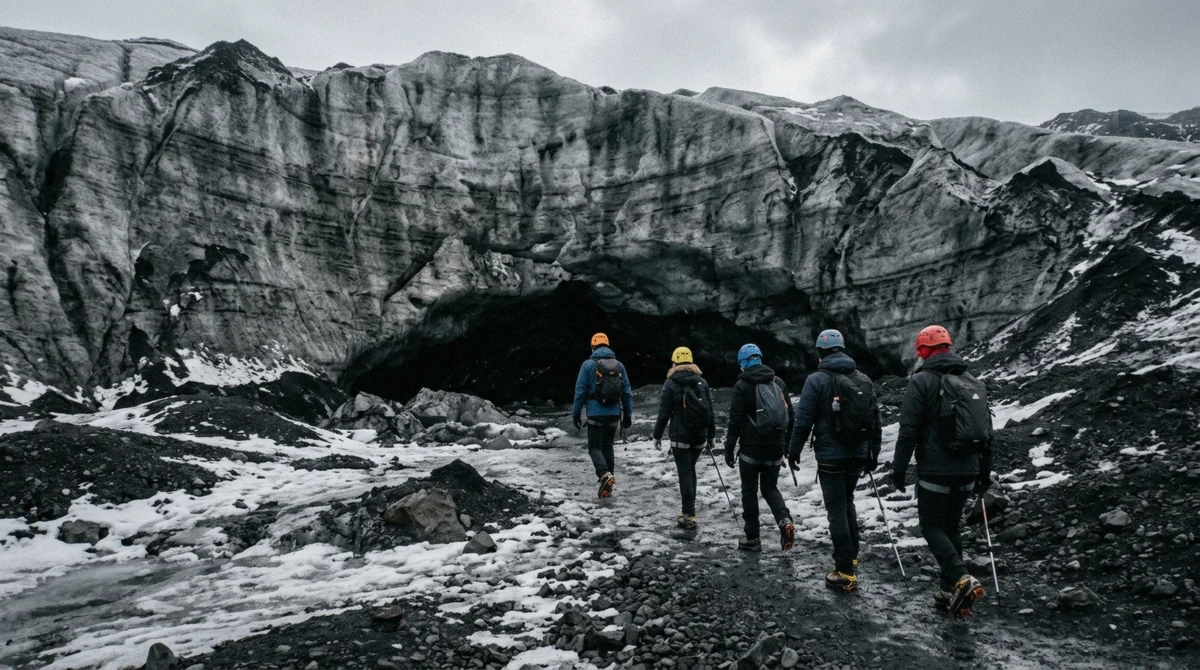 A small guided group walking to an ice cave entrance on Breiðamerkurjökull, the approach families make on a Vatnajökull ice cave tour
