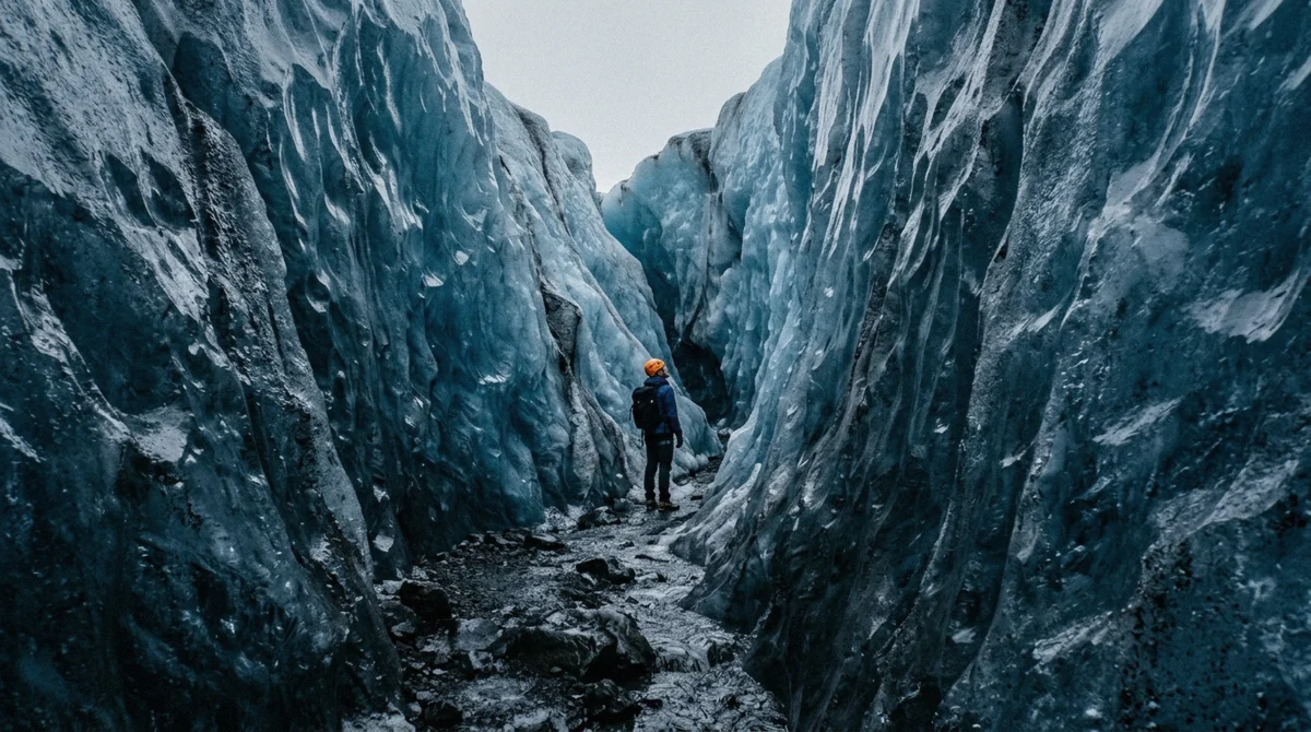 A hiker standing between tall blue ice walls in the Blue Ice Maze crevasse corridors on Falljökull, Vatnajökull, southeast Iceland