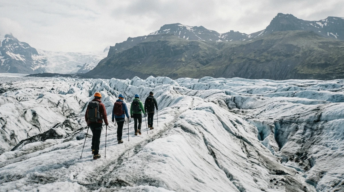 Hikers in crampons and helmets walking single file across the ridged blue ice of Falljökull on a Skaftafell glacier hike, Vatnajökull