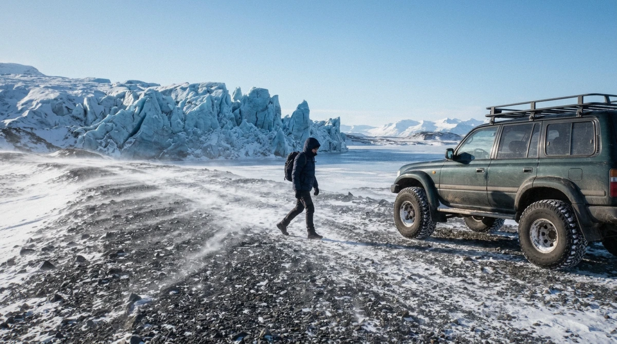 Wind blowing snow across the gravel at the foot of Breiðamerkurjökull, the conditions that cancel an ice cave tour in Iceland