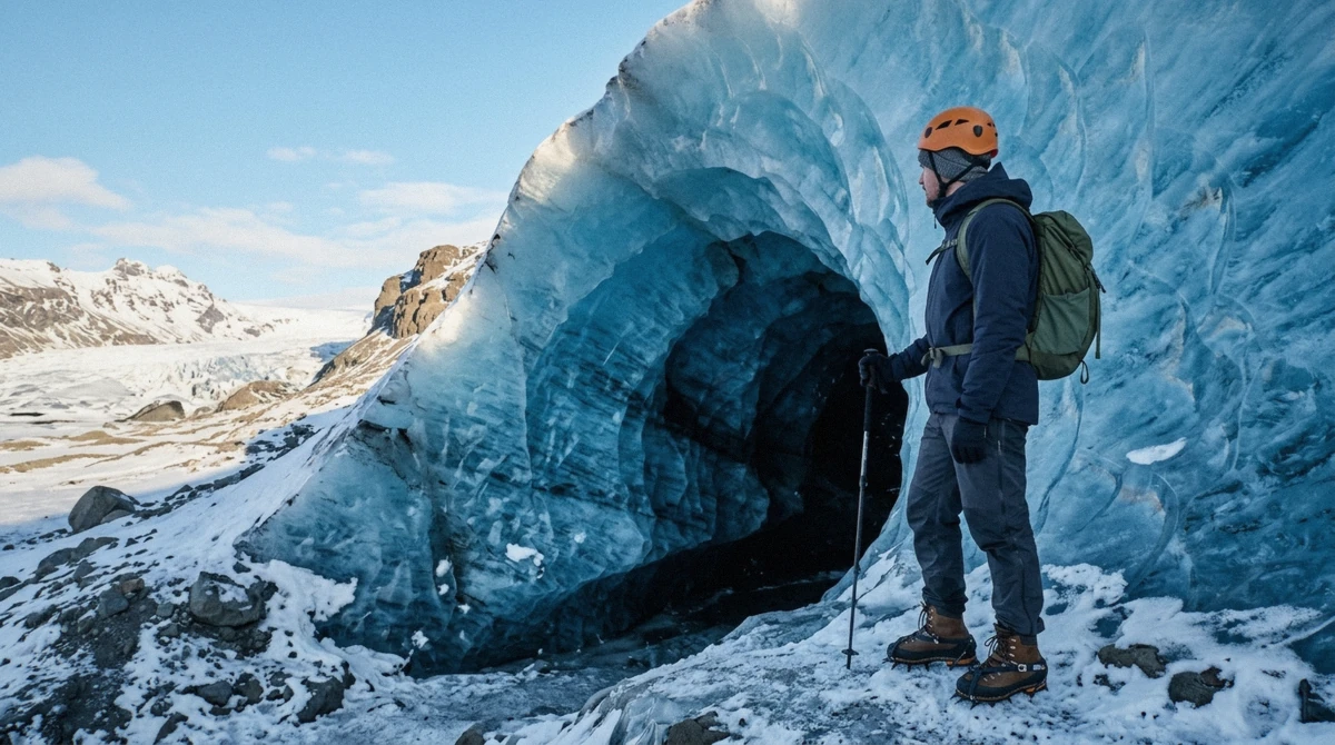 A visitor in a waterproof shell, helmet and crampon-fitted boots at the sunlit mouth of an ice cave, dressed for a Vatnajökull ice cave tour