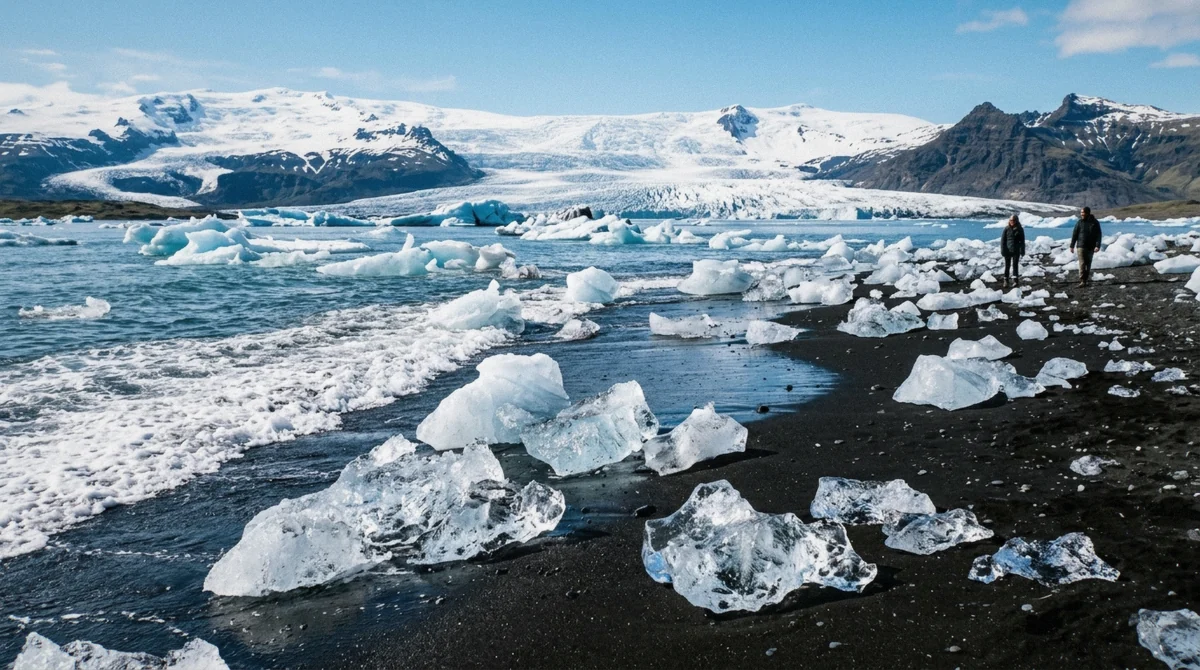 Icebergs on Diamond Beach below Breiðamerkurjökull, the coast where visitors stay for a Vatnajökull ice cave tour
