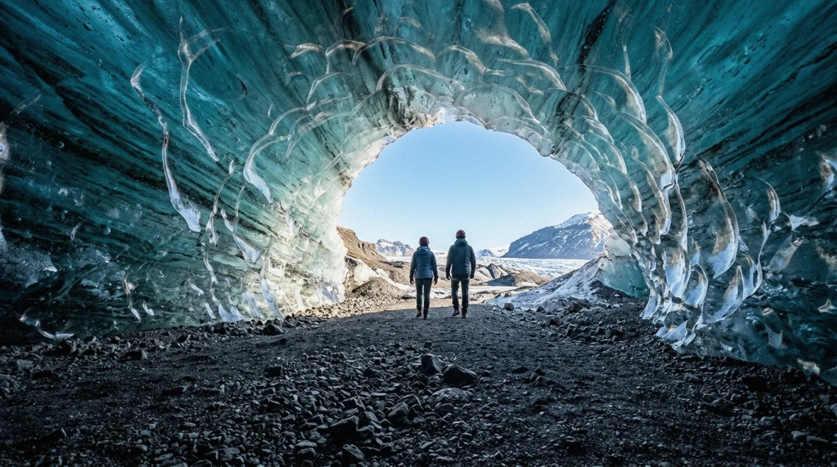 Sunlight through the entrance of a blue ice cave on Breiðamerkurjökull, the tour that costs $161 in Iceland