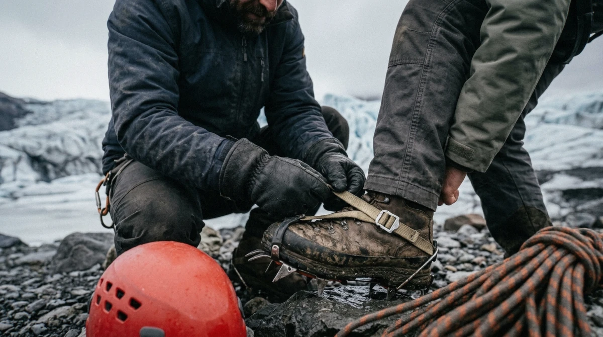 A guide strapping steel crampons onto a visitor's waterproof hiking boot before a Vatnajökull ice caves tour on Breiðamerkurjökull