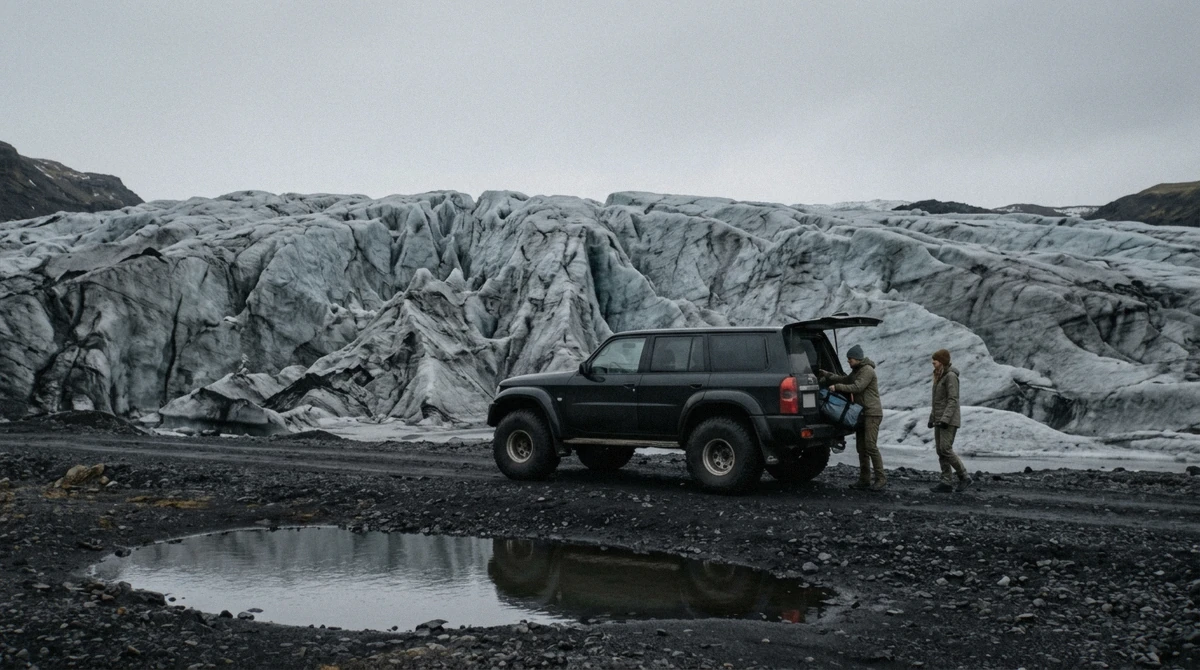 A modified super jeep parked on the black gravel track to the Vatnajökull ice caves below Breiðamerkurjökull glacier, southeast Iceland