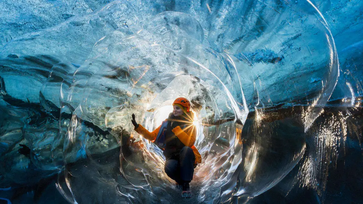 Super jeep on the gravel track to the Crystal ice cave in the Vatnajökull ice caves above Jökulsárlón, southeast Iceland